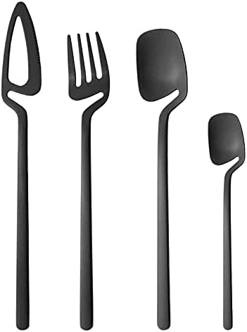 Snplowum 24-Pieces Hangable & Cute 18/10 Stainless Steel Flatware Set, Matte Cutlery Set Kitchen Dinnerware Include Knife/ Fork/ Spoon/ Teaspoon Service for 6, Black