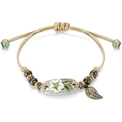 Emibele Pulsera de Cuerda con Cuentas para Mujer, Pulsera de Cuentas de Cerámica Bohemio con Cuentas de Flor & Hoja, Pulsera Hecha a Mano Étnico Joyería para Uso Diario Fiesta Picnic, Verde