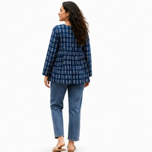 Image of Women's Printed V-Neck Short Kurti | Casual Long Sleeve Tunic Top