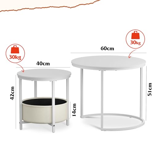 Image of WLIVE Round Coffee Table Set of 2, 60X60X51cm Nesting Tables with Ample Storage, Wooden Wide Side Table with Sturdy Metal Frame for Living Room or Office, White