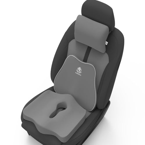 Image of MRRON Memory Foam Posture Corrector Car Seat Cushions Combo | Orthopedic Backrest, Coccyx Cushion & Neckrest | Ergonomic Lumbar Comfort Seat Cushion | Reduces Sciatica, (Grey, Slim backrest)