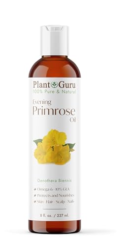 Plant Guru Evening Primrose Oil 8 fl. oz. Cold Pressed 100% Pure Natural Carrier - Skin Face Body and Hair Growth Moisturizer. Great For DYI Soap Making Creams and Lip balms.