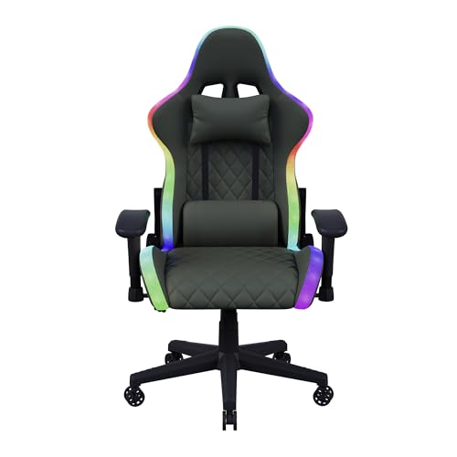 Silla Gaming, Sillón Gamer con Masaje Lumbar, Silla Ergonómica Reposapiés Retractable, Asiento Gaming Cómodo de Cuero, Silla Oficina con Respaldo Inclinable a 135°, Carga 150 KG (Negro)