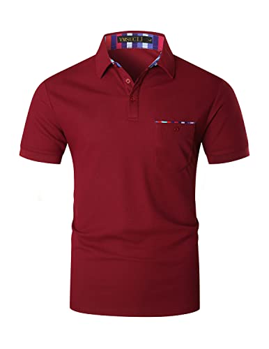 VMSUCIJ Polo Hombre Manga Corta A Rayas de Colores Básico Slim Fit Golf Camiseta con Bolsillo,A-rojo01,XXL