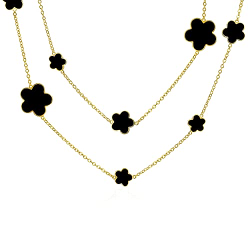 Bling Jewelry Black Clover Flower Long Gold Plated Brass Station Tin Cup Chain Wrap Layer Necklace For Women 42 Inch #TOP28