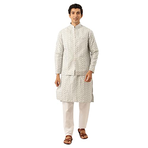 Image of SOJANYA (Since 1958 Men's Silk Blend Light Green Kurta & Nehrujacket with White Pyjama Combo