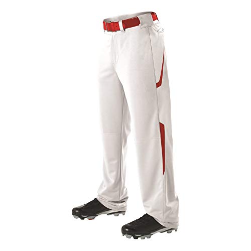 Alleson Adult Relaxed Fit - 2 Color Open Bottom Baseball Pants - White/Scarlet - Large