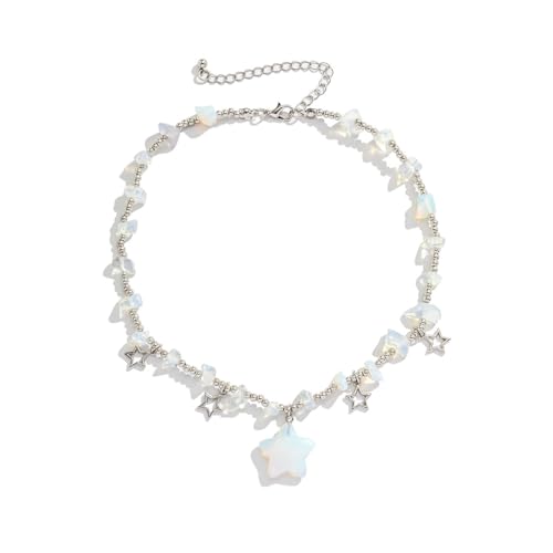 RLHRNDE Natural Star Shape Stone Choker Necklace for Women Boho Colorful Irregular Crystal Pendant Necklace Lucky Star Charms Necklace Christmas Party Jewelry Gift (White)