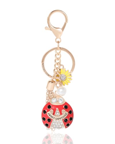 Juicy Couture Ladybug Keychains for Women with Clear Crystals, Gold-Tone Key Chain with Sunflower Charm