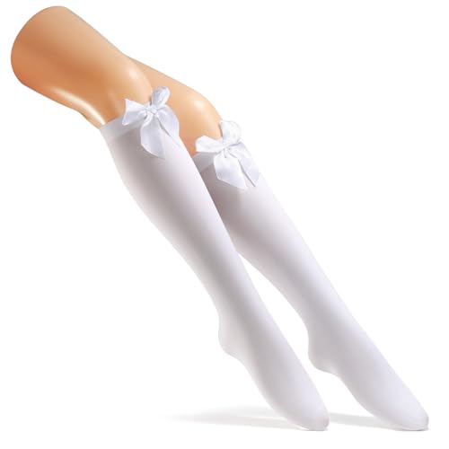 Image of Women Satin Bow Thigh High Socks with Over Knee Thigh Highs Stocking Long Stockings