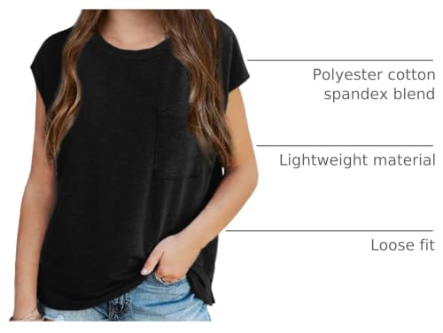 Image of Imily Bela Girls Cap Sleeve Summer Tops Casual Crewneck Loose Tshirts with Pocket