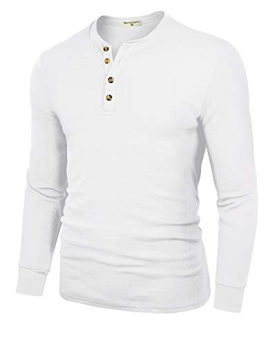 Derminpro Men's Henley Shirts Casual Slim Fit Cotton Shirts Long Sleeve White Large