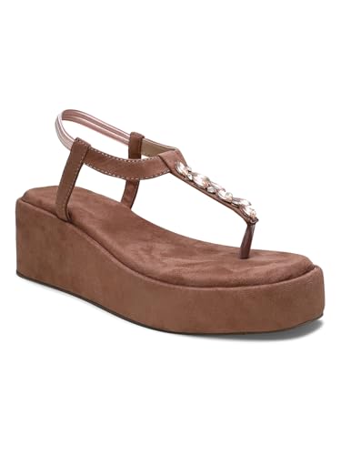 Image of TRYME T-Strap Embellished Wedges Heel Sandals for Women | Soft Suede Comfort Slip-On Sandals for Wedding, Festive & Elegant Styling
