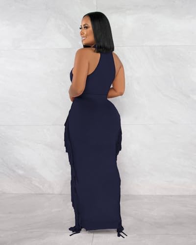 Image of 2 Piece Outfits for Women Sexy Halter Neck Sleeveless Crop Tops Ruched Bodycon Dresses Jumpsuits Fringe Skirt Sets