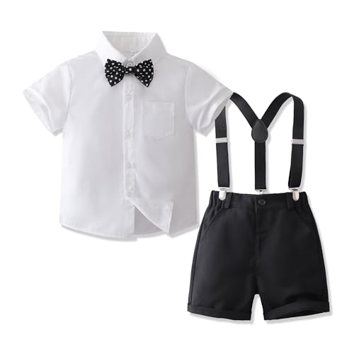 Baby Boys Gentleman Outfits Suits, Infant Short Sleeve Shirt+Bib Pants+Bow Tie Clothes Set