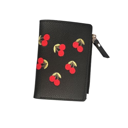 Small Wallet Women I Cherry Wallet I Women'sCute Embroidered Short Wallet I Women and Girls Daily Life Fashionable Versatile Pu Leather Zipper Wallet I Cherry Print Ladies Mini Purse (Black)