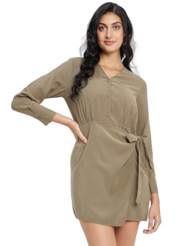 Image of Madame Solid Olive Dress for Women