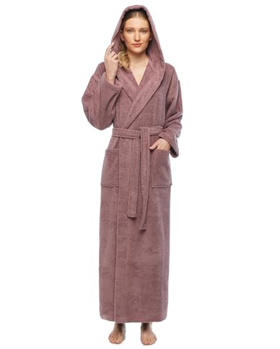 Arus Womens Classic Long Hooded Full Length Turkish Cotton Ankle Length Bath Robe Plum, Large-X-Large