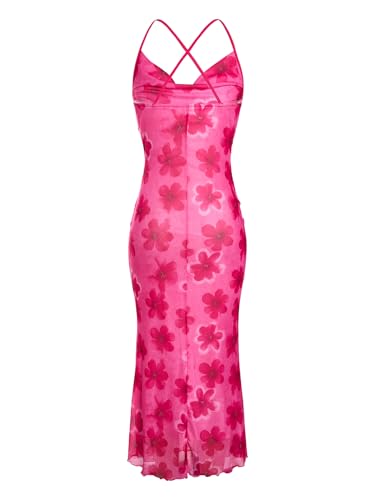Image of SOLY HUX Women's Floral Mesh Bodycon Cami Dress Cowl Neck Sleeveless Cocktail Party Wedding Guest Long Maxi Dresses
