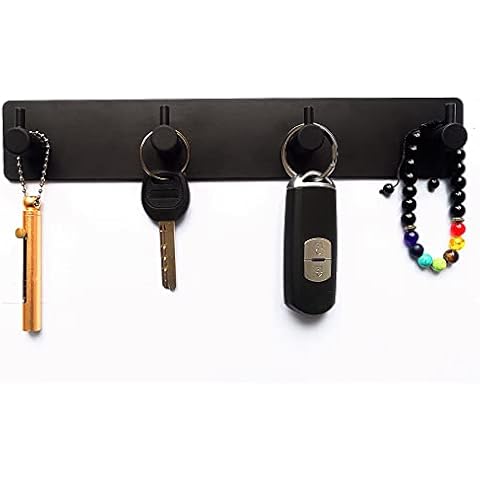 FULLINY Key Hooks for Wall Apartment Decor Adhesive Key Holder for Wall Decor with 4 Key Hooks,No Screw Holes Key Rack for Wall,Stainless Steel Heavy Duty Adhesive Hooks for Hanging,Black Cover