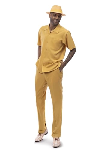 MONTIQUE Walking Suits for Men | 2-Piece Set Short Sleeve Shirt & Long Pants Men's Fashion | 696 - Gold, 44 Waist / 3XL Shirt