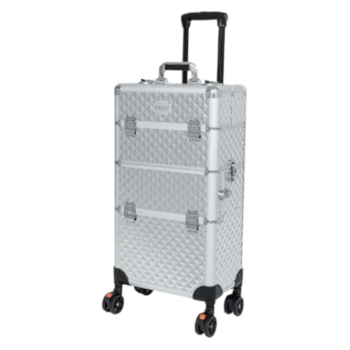 Image of FOLELLO 3-in-1 Marvel Rolling Professional Multifunctional Makeup Travel Vanity Case | Aluminum Trolley Vanity Salon Station (Diamond Cut- Silver)