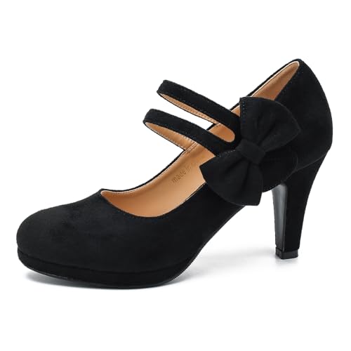Women's Mary Jane Bow Heels Pumps Round Closed Toe Kitten Heel Double Ankle Strap Wedding Office Work Dress Shoes