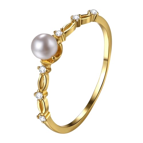 JewelryWe Bague Femme Perles Fantaisie: Bague Cuivre Plaqué Or avec Zircons Cubiques et Perle Unique Élégant et Romantique - Cadeau Femme Anniversaire Saint...