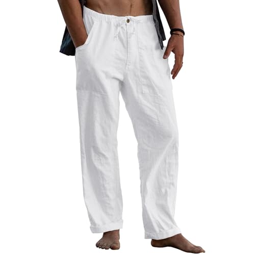 Puimentiua Mens Linen Pants Elastic Waist Drawstring Loose Fit Casual Summer Beach Pants with Pockets Baggy Trousers White-XL