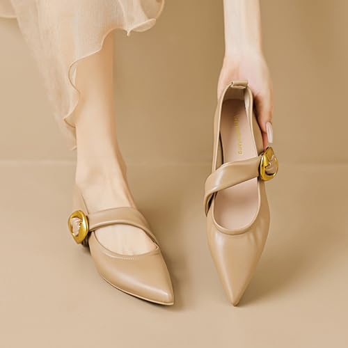 Zeberfi Women's Leather Mary Jane Flat Shoes with Adjust Metal Buckle Fashion Closed Pointed Toe Shallow Mouth Slip On Comfortable Luxury Business Wedding Dress Shoes4