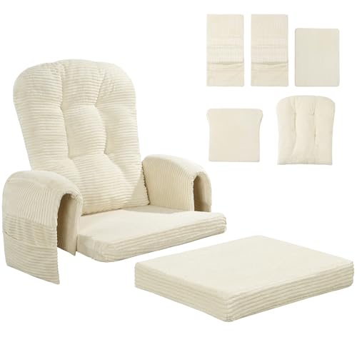 MABOZOO 5 PCS Corduroy Glider Rocker Replacement Cushions with Storage Side Pocket,Foam & Microfiber Filling, Non-Slip & Washable,Thickened & Supportive Rocking Chair Cushion Set(Beige)