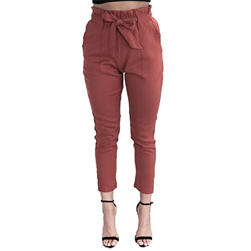 Maiyifu-GJ Women's Paper Bag Belted Pencil Pants Casual Slim Fit Self Tie Office Trouser High Elastic Waist Solid Comfy Pant (Dark Red,Small)