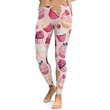 Huryilo Pink Cupcakes Yoga Pants Women Cute Dessert Workout Pants High Waisted Leggings M