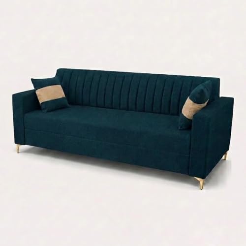 Image of FURNY Signature Regalia 3 Seater Sofa Set | Boston Fabric | 40D Foam + Zigzag Spring | 3-Yr Warranty (Peacock Teal & Warm Beige) | Modern Living Luxury Sofa Set for Home, Office & Hotel Spaces