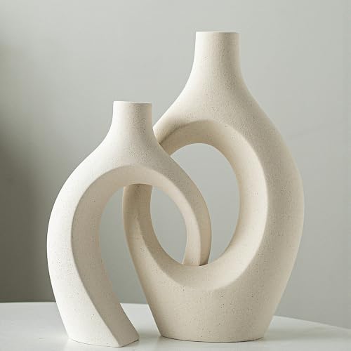 Levvohd XL Beige Ceramic Vase Set of 2, Snuggle Hollow Home Decor Vase