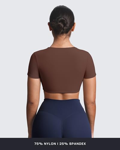 Image of Aoxjox Short Sleeve Crop Tops for Women Sienna Twist Deep V Workout Cropped T Shirt Top
