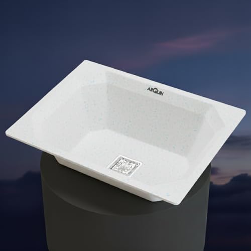 Image of ARQUIN Quartz Kitchen Sink 24x18x9 Inch Sand Pluto | Single Bowl Sink | Durable & Scratch-Resistant | Undermount /Topmount Including Coupling, Waste Pipe & Fruit Washing Basket