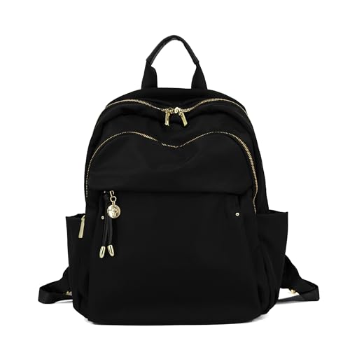 Medium Backpack Purse for Women, Fashion Nylon Daypack with Gold Hardware, Lightweight Water-Resistant Rucksack for College, Work, Travel, Everyday Use, Fits 13–14
