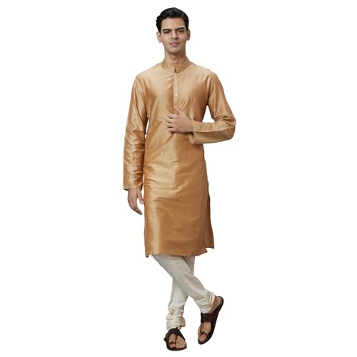 Image of Ethnix by Raymond Men Regular Fit Solid Pattern Solid Pure Polyester Full Sleeve Stand Collar Kurta Only