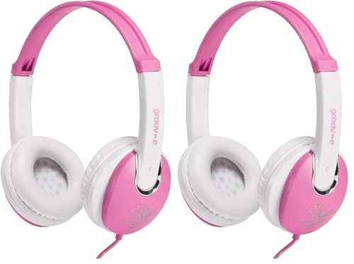 groov e KIDZ - DJ-Style Wired Headphones for Kids - Over the Ear Headphone with 1.2m Audio Cable, Adjustable Headband, Soft Ear Pads, & 40mm Drivers - 3.5mm Audio Jack - Pink (Pack of 2)