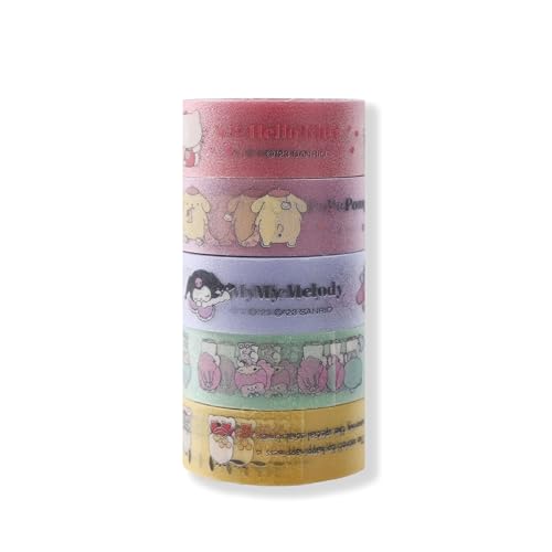Image of GASHINA STORY Masking Tape & Stickers Set - 5 Pcs for Crafts & Decor - Twinkle Pearl Design - Cute Kawaii Masking Tape Bulk - for Diary /Journal /Planners - Gift Box (San-Rio Characters)