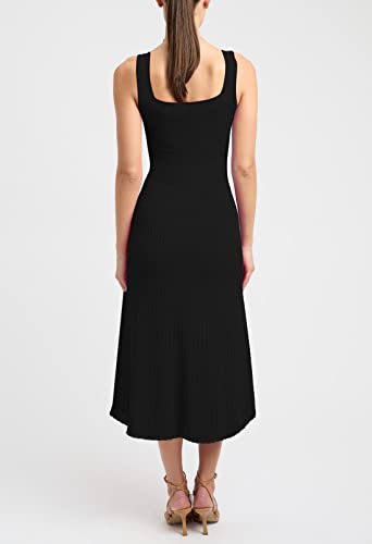Duigluw Tank Midi Dress Women Ribbed Knit Sleeveless Square Neck Empire Waist Pleated Bodycon Dresses Black Xl #TOP3