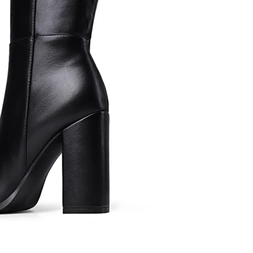 MODENCOCO Women's Round Toe Matte Zipper Leather Chunky High Heel Knee High Boots 4 Inch4