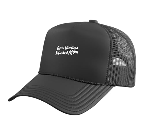 Funny One Badass Bonus Mom Gift for Stepmom Mother's Day Trucker Hat with Adjustable Mesh Back, Black