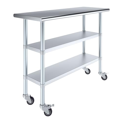 Image of AmGood Stainless Steel Work Table with 2 Shelves and Casters | Metal Utility Table On Wheels (Stainless Steel Work Table with 2 Shelves + Casters, 48 inch Long x 18 inch Deep)