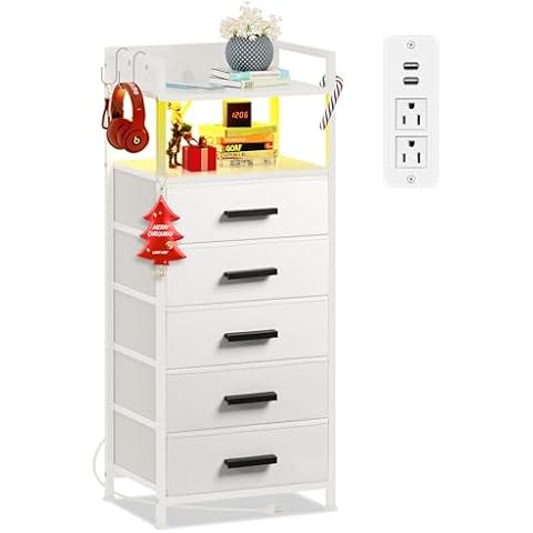 NASHZEN Nightstand 5 Drawer Dresser with Charging Station & LED Lights, Side Table with Fabric Drawers, End Table with Open Shelf with Hooks, Tall Dresser for Bedroom, Hallway, Entryway (White) Cover