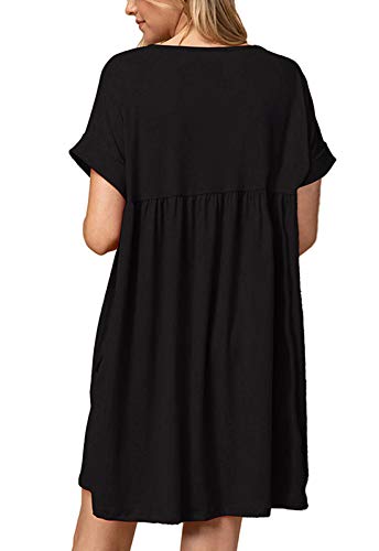 Image of Jayscreate Women's Baby Doll Dress Summer Casual Tunic Pleated Flowy Swing Short Sleeve Black V Neck Mini Dress