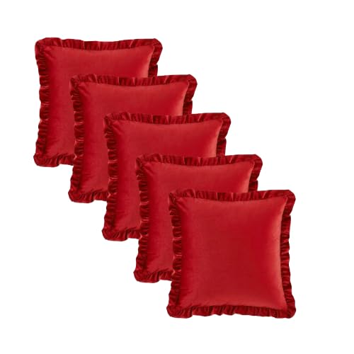 Image of Velvet Red 14x14 Pillow Covers, Set of 2 Decorative Ruffle Cushoin Pillow Covers for Sofa Couch
