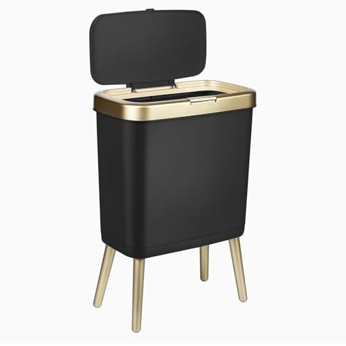 Image of Bathroom Trash Can 4 Gallon, Dog Proof Trash Bin with Press Top Lid, Black Office Waste Basket with Gold Edge, Tall Narrow Garbage Cans for Kitchen, Toilet, Living Room, Bedroom