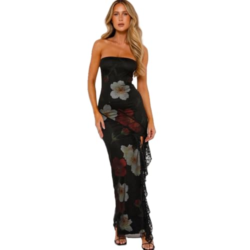 Image of Women's Sexy Strapless Backless High Split Long Maxi Dress Ruched Off Shoulder Sleeveless Bodycon Party Cocktail Dresses